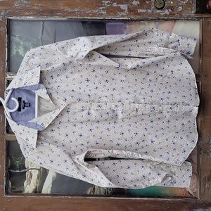 Chaps Large Button-up Blouse Blue Flowers and Gold Dots Full Sleeve Pleated Back